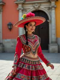 colorful and cultural  woman in Mexico City wearing a traditional charro suit/china poblana, Frida Kahlo Museum in the background