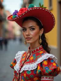 colorful and cultural  woman in Mexico City wearing a traditional charro suit/china poblana, Frida Kahlo Museum in the background