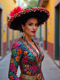 colorful and cultural  woman in Mexico City wearing a traditional charro suit/china poblana, Frida Kahlo Museum in the background