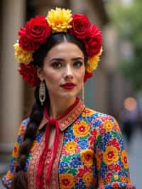 colorful and cultural  woman in Mexico City wearing a traditional charro suit/china poblana, Frida Kahlo Museum in the background