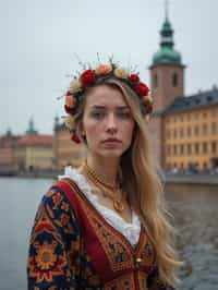 traditional  woman in Stockholm wearing a Swedish folkdräkt, Stockholm Palace in the background