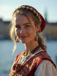 traditional  woman in Stockholm wearing a Swedish folkdräkt, Stockholm Palace in the background