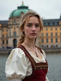 traditional  woman in Stockholm wearing a Swedish folkdräkt, Stockholm Palace in the background