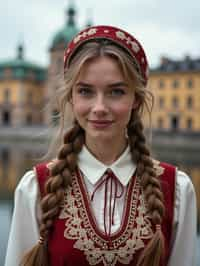 traditional  woman in Stockholm wearing a Swedish folkdräkt, Stockholm Palace in the background