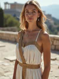 graceful and striking  woman in Athens wearing a traditional Evzone uniform/Amalia dress, Parthenon in the background