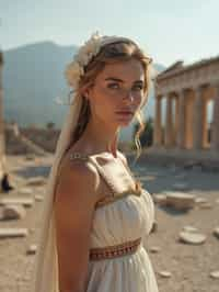 graceful and striking  woman in Athens wearing a traditional Evzone uniform/Amalia dress, Parthenon in the background