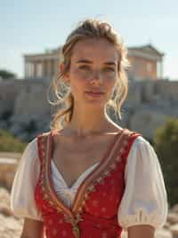 graceful and striking  woman in Athens wearing a traditional Evzone uniform/Amalia dress, Parthenon in the background