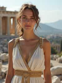 graceful and striking  woman in Athens wearing a traditional Evzone uniform/Amalia dress, Parthenon in the background