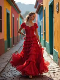 exquisite and traditional  woman in Buenos Aires wearing a tango dress/gaucho attire, colorful houses of La Boca neighborhood in the background