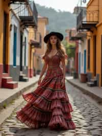 exquisite and traditional  woman in Buenos Aires wearing a tango dress/gaucho attire, colorful houses of La Boca neighborhood in the background