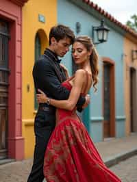 exquisite and traditional  woman in Buenos Aires wearing a tango dress/gaucho attire, colorful houses of La Boca neighborhood in the background