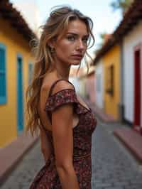 exquisite and traditional  woman in Buenos Aires wearing a tango dress/gaucho attire, colorful houses of La Boca neighborhood in the background