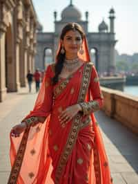 glamorous and traditional  woman in Mumbai wearing a vibrant Saree Sherwani, Gateway of India in the background