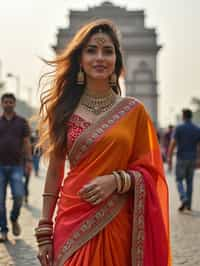 glamorous and traditional  woman in Mumbai wearing a vibrant Saree Sherwani, Gateway of India in the background