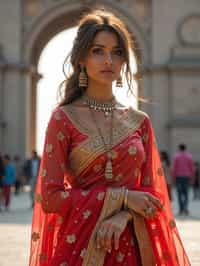 glamorous and traditional  woman in Mumbai wearing a vibrant Saree Sherwani, Gateway of India in the background