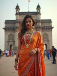 glamorous and traditional  woman in Mumbai wearing a vibrant Saree Sherwani, Gateway of India in the background