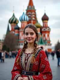 lovely and cultural  woman in Moscow wearing a traditional sarafan/kosovorotka, Saint Basil's Cathedral in the background