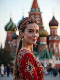 lovely and cultural  woman in Moscow wearing a traditional sarafan/kosovorotka, Saint Basil's Cathedral in the background