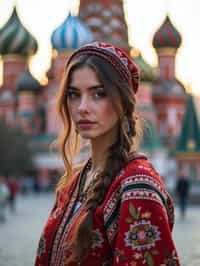 lovely and cultural  woman in Moscow wearing a traditional sarafan/kosovorotka, Saint Basil's Cathedral in the background