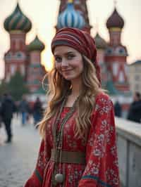 lovely and cultural  woman in Moscow wearing a traditional sarafan/kosovorotka, Saint Basil's Cathedral in the background