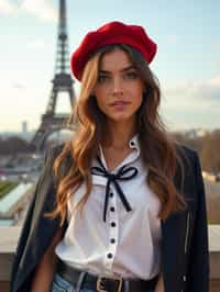 stylish and sophisticated  woman in Paris wearing a traditional Breton shirt and beret, Eiffel Tower in the background