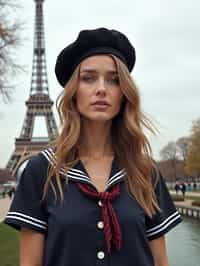 stylish and sophisticated  woman in Paris wearing a traditional Breton shirt and beret, Eiffel Tower in the background