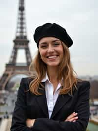 stylish and sophisticated  woman in Paris wearing a traditional Breton shirt and beret, Eiffel Tower in the background