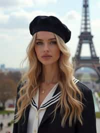 stylish and sophisticated  woman in Paris wearing a traditional Breton shirt and beret, Eiffel Tower in the background