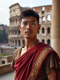 grand and historical man in Rome wearing a traditional Roman stola/toga, Colosseum in the background