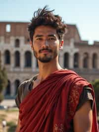 grand and historical man in Rome wearing a traditional Roman stola/toga, Colosseum in the background