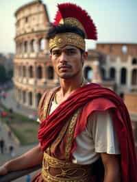 grand and historical man in Rome wearing a traditional Roman stola/toga, Colosseum in the background