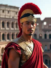 grand and historical man in Rome wearing a traditional Roman stola/toga, Colosseum in the background