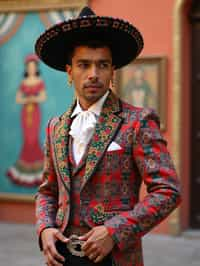 bold and cultural man in Mexico City wearing a traditional charro suit/china poblana, Frida Kahlo Museum in the background