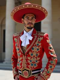 bold and cultural man in Mexico City wearing a traditional charro suit/china poblana, Frida Kahlo Museum in the background