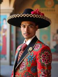 bold and cultural man in Mexico City wearing a traditional charro suit/china poblana, Frida Kahlo Museum in the background