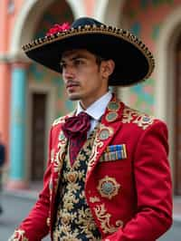 bold and cultural man in Mexico City wearing a traditional charro suit/china poblana, Frida Kahlo Museum in the background