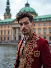 dignified and traditional man in Stockholm wearing a Swedish folkdräkt, Stockholm Palace in the background