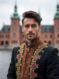 dignified and traditional man in Stockholm wearing a Swedish folkdräkt, Stockholm Palace in the background