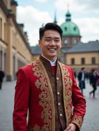 dignified and traditional man in Stockholm wearing a Swedish folkdräkt, Stockholm Palace in the background