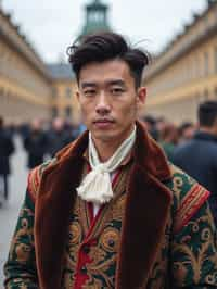 dignified and traditional man in Stockholm wearing a Swedish folkdräkt, Stockholm Palace in the background