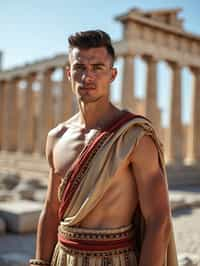 impressive and traditional man in Athens wearing a traditional Evzone uniform/Amalia dress, Parthenon in the background