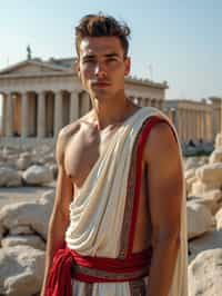 impressive and traditional man in Athens wearing a traditional Evzone uniform/Amalia dress, Parthenon in the background