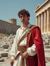 impressive and traditional man in Athens wearing a traditional Evzone uniform/Amalia dress, Parthenon in the background