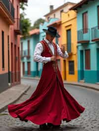 classy and traditional man in Buenos Aires wearing a tango dress/gaucho attire, colorful houses of La Boca neighborhood in the background