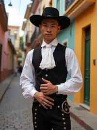 classy and traditional man in Buenos Aires wearing a tango dress/gaucho attire, colorful houses of La Boca neighborhood in the background