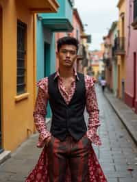 classy and traditional man in Buenos Aires wearing a tango dress/gaucho attire, colorful houses of La Boca neighborhood in the background