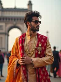 classic and traditional man in Mumbai wearing a vibrant Saree Sherwani, Gateway of India in the background