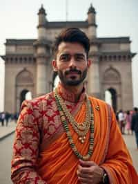 classic and traditional man in Mumbai wearing a vibrant Saree Sherwani, Gateway of India in the background