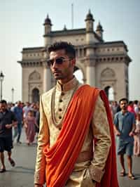 classic and traditional man in Mumbai wearing a vibrant Saree Sherwani, Gateway of India in the background