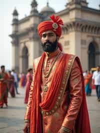 classic and traditional man in Mumbai wearing a vibrant Saree Sherwani, Gateway of India in the background